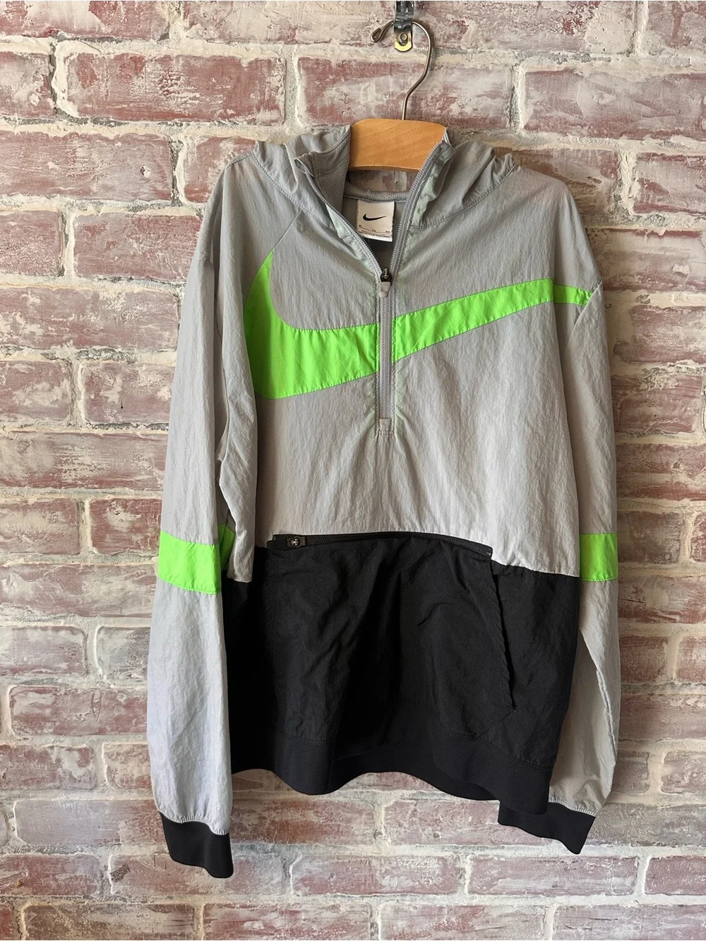Nike Gray and Neon Green Half-Zip Windbreaker Hoodie